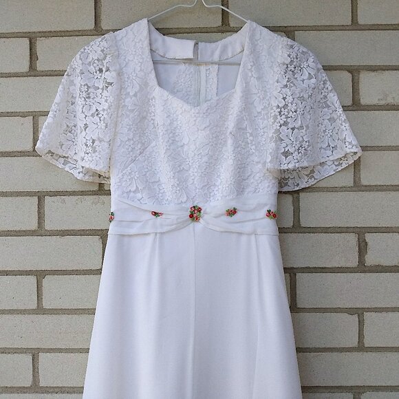 Vintage Dresses & Skirts - Vintage White Party Dress 29" Bust Bridal Gown Lace Flounce Sleeves Pink Flowers